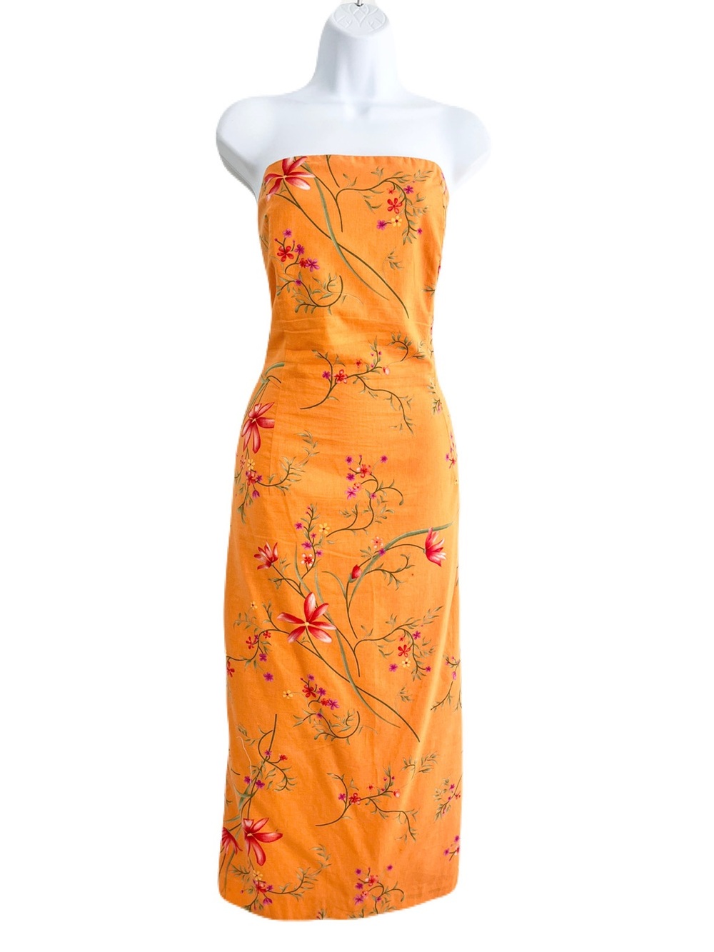 Vintage Y2K Karin Stevens Orange 100% Cotton Floral Strapless Dress, Size 16